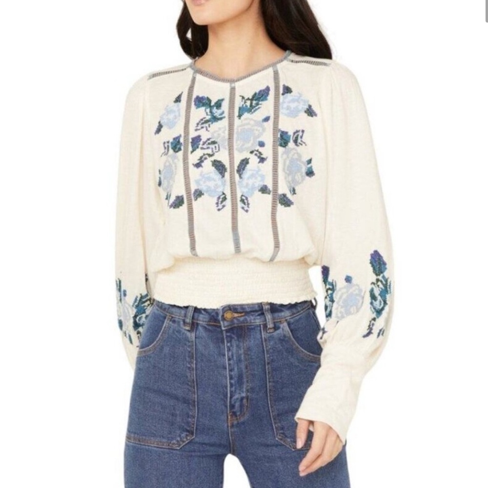 FREE PEOPLE Embroidered Cream and Blue Women's Top